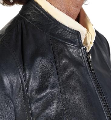 SL110054 - Ladies Shaped Hip Length Navy Leather Zip Jacket